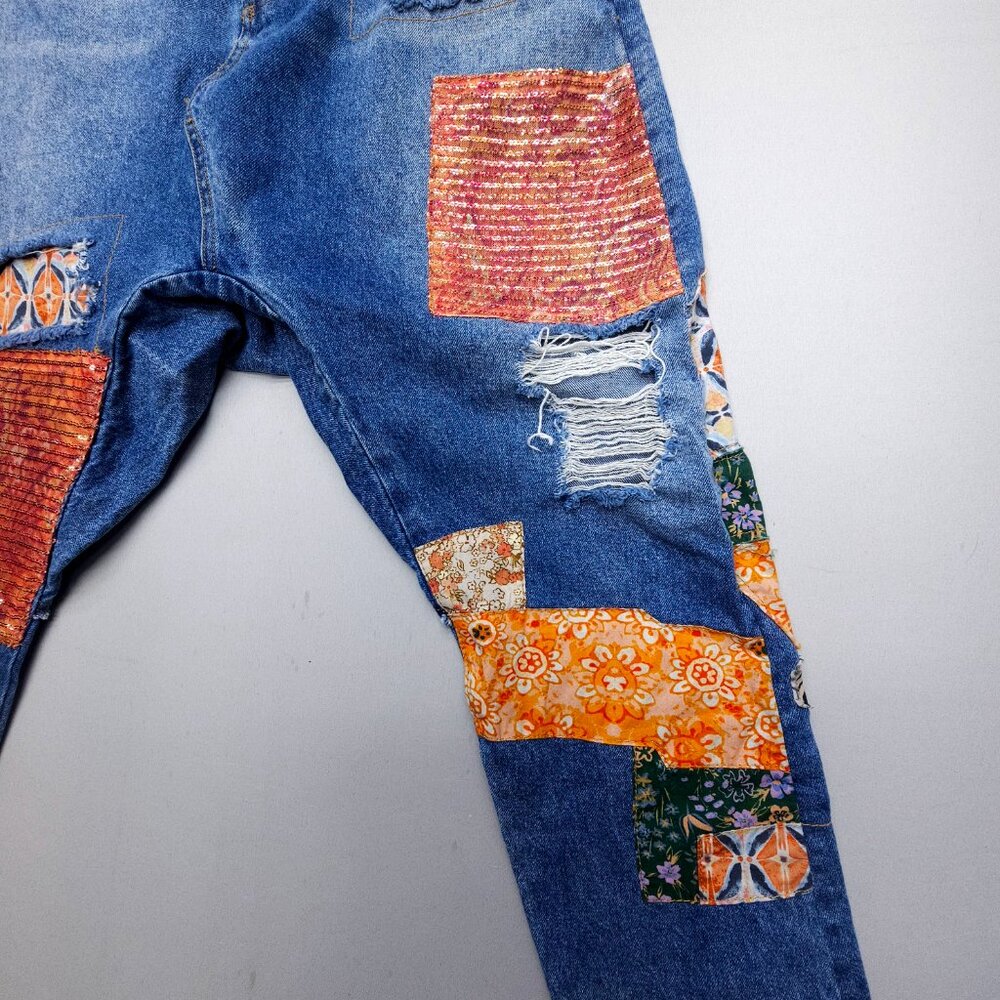 Free People High Rise Patchwork Jeans - Blue and Multicolor - Picture 6 of 14
